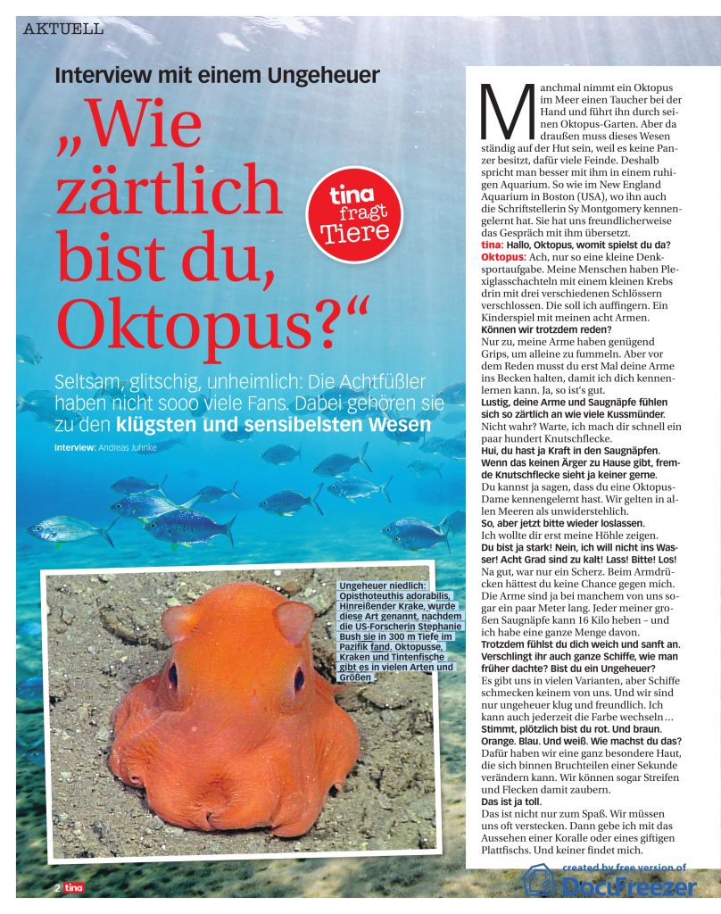 The popular German women’s magazine, Tina, joins in the Octo Mania with this story about Sy and The Soul of an Octopus