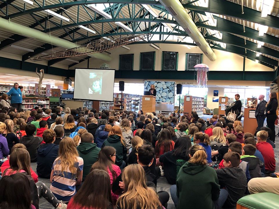 Sy spoke with 300 fifth graders from five schools at the Port Angeles Public Main Library where sea art greeted her.