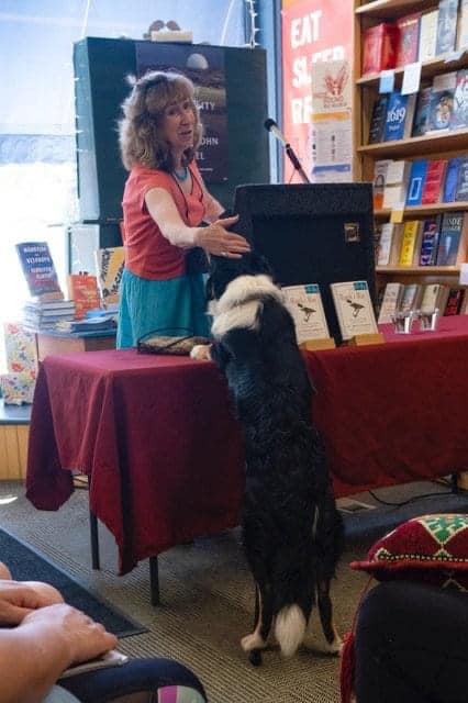 Thurber coaches Sy as she reads from The Hawk’s Way at Water Street Bookstore in Exeter, NH.
