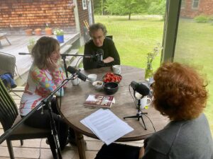 Sy and Howrad on the porch with podcast host Tricia Rose Burt